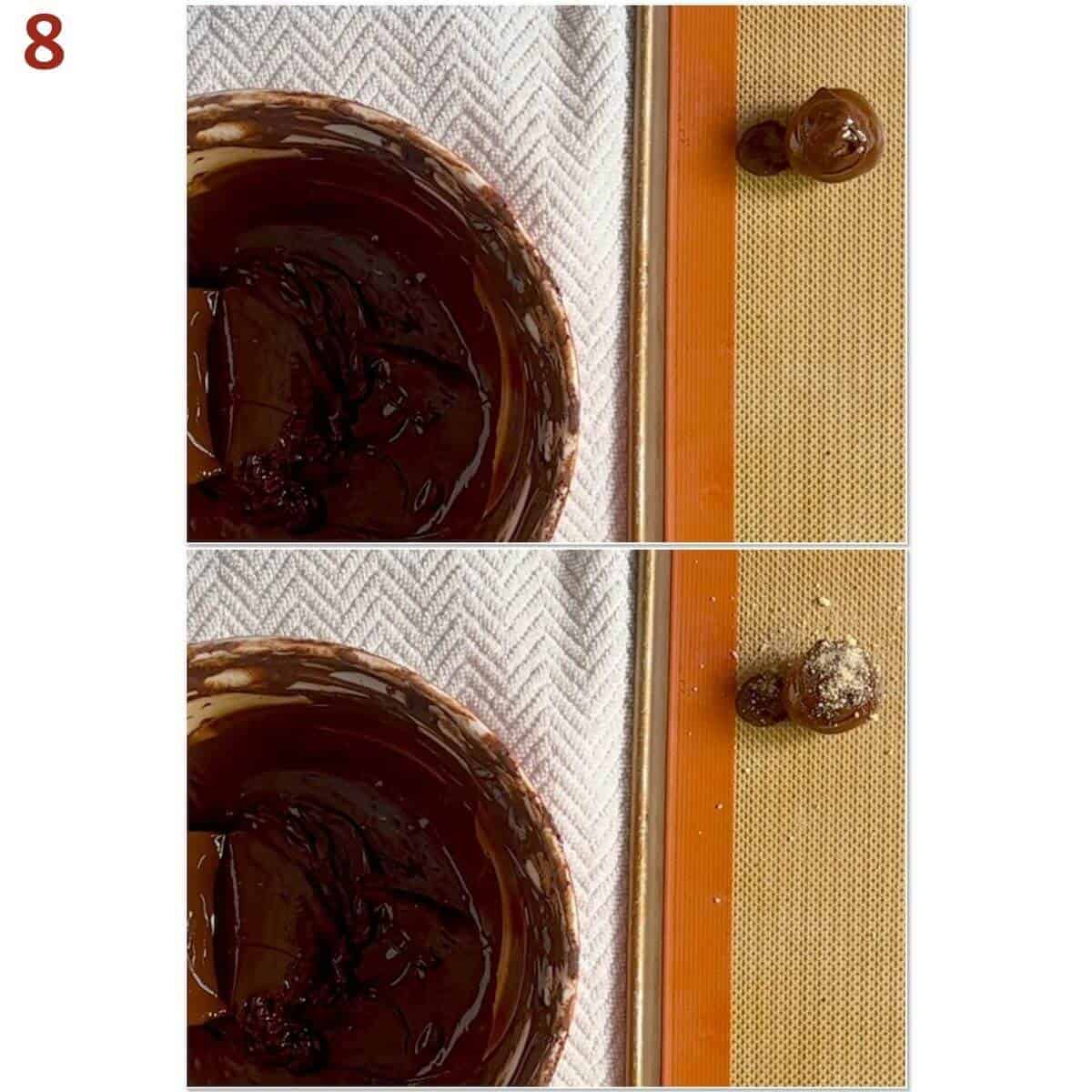 Collage of dipped truffle before & after sprinkling on ladyfinger crumbs.