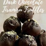 Tiramisu truffles stacked on a glass stand Pinterest banner.