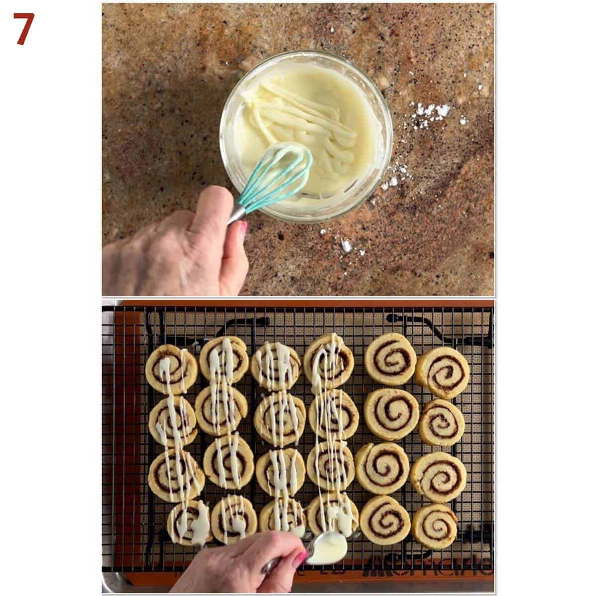 Collage of glazing baked cinnamon roll cookies.