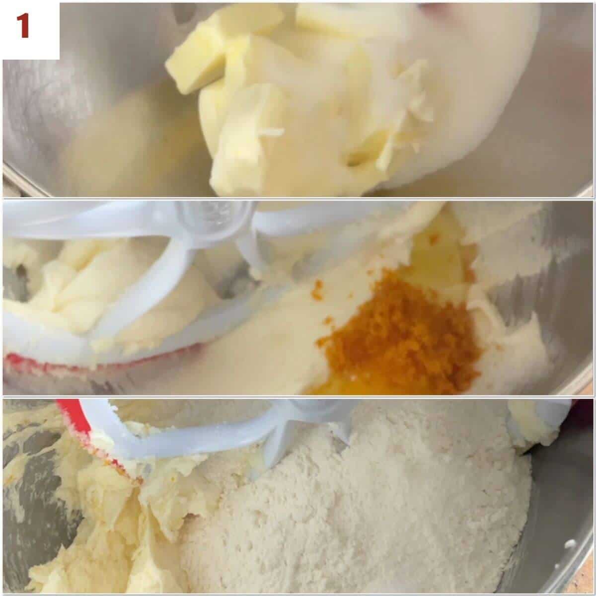 Collage of mixing cookie dough.