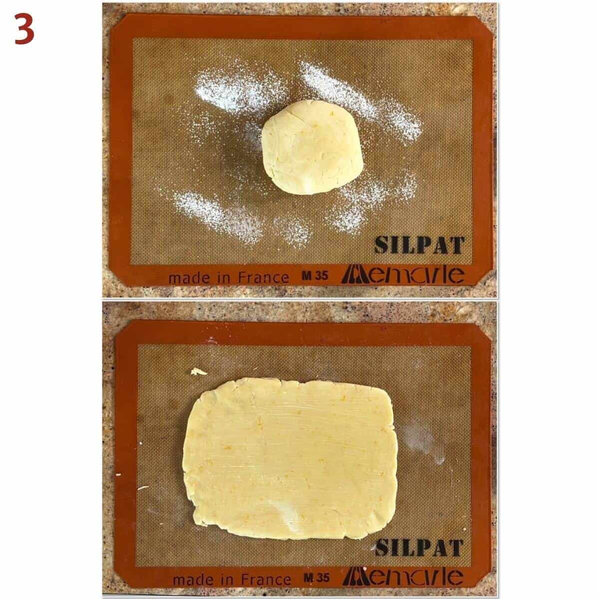 Collage of before & after rolling out cookies dough.