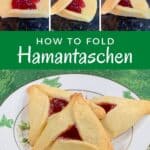 Collage of folding hamantaschen butter cookies Pinterest banner.