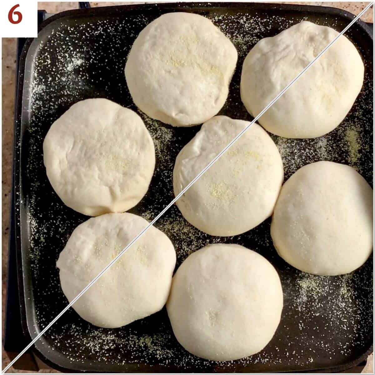 Collage of English muffins being cooked on first time before weighting.