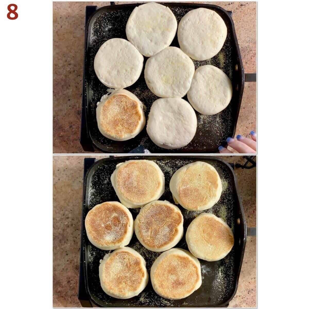 Collage of English muffins before & after cooking on second side.