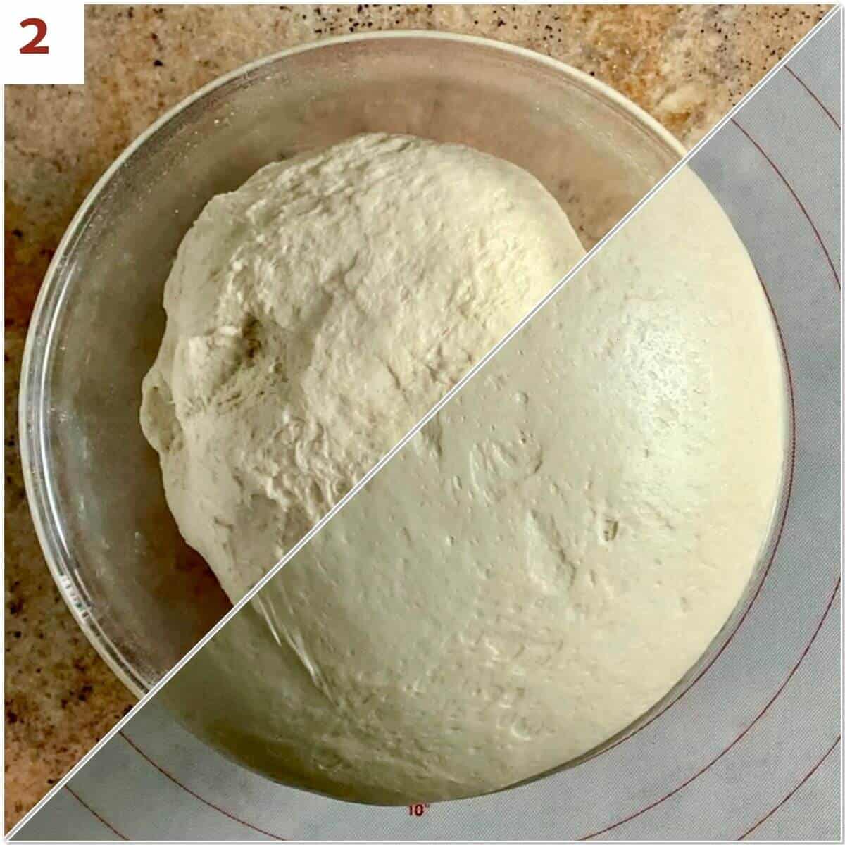 Collage of English muffin dough before & after rising.