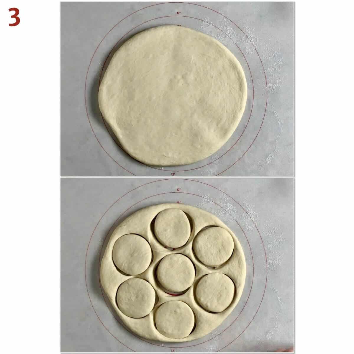 Collage of English muffin dough rolled out and cut into rounds.