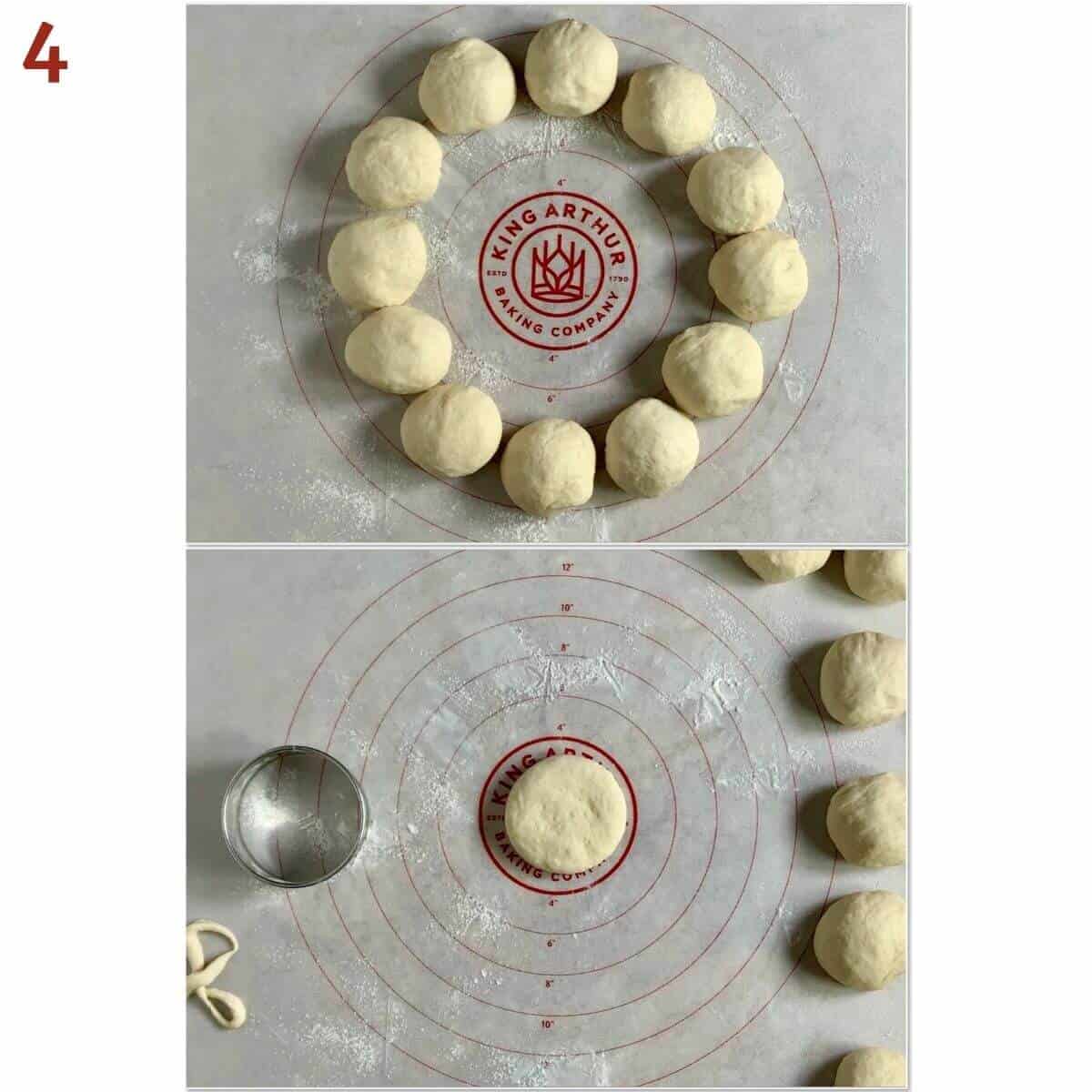 Collage of English muffing dough portioned into balls and being cut.