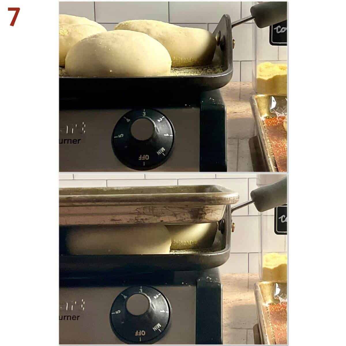 Collage of english muffins before and after being weighted with a sheet pan.