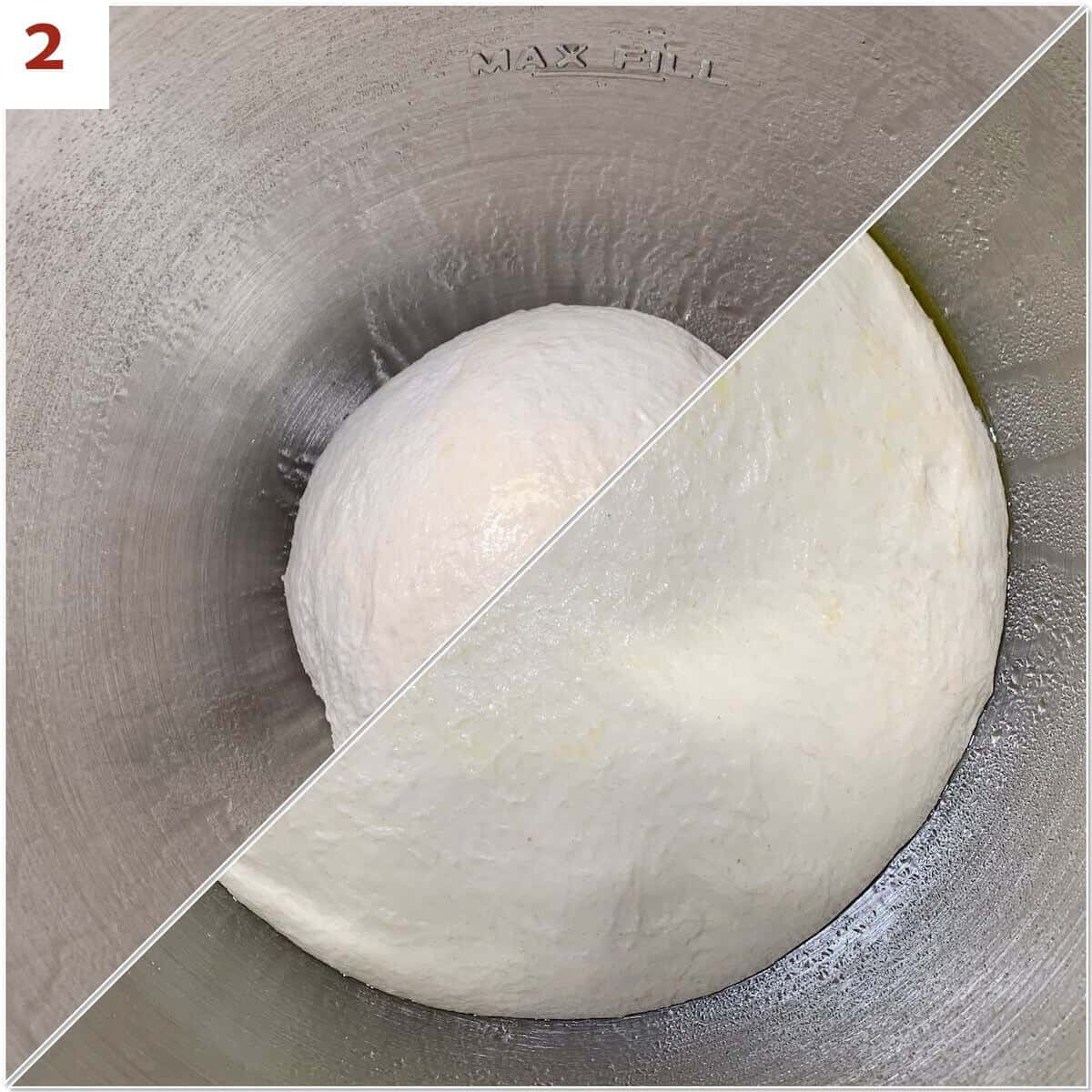 Collage of pizza dough before and after rising.