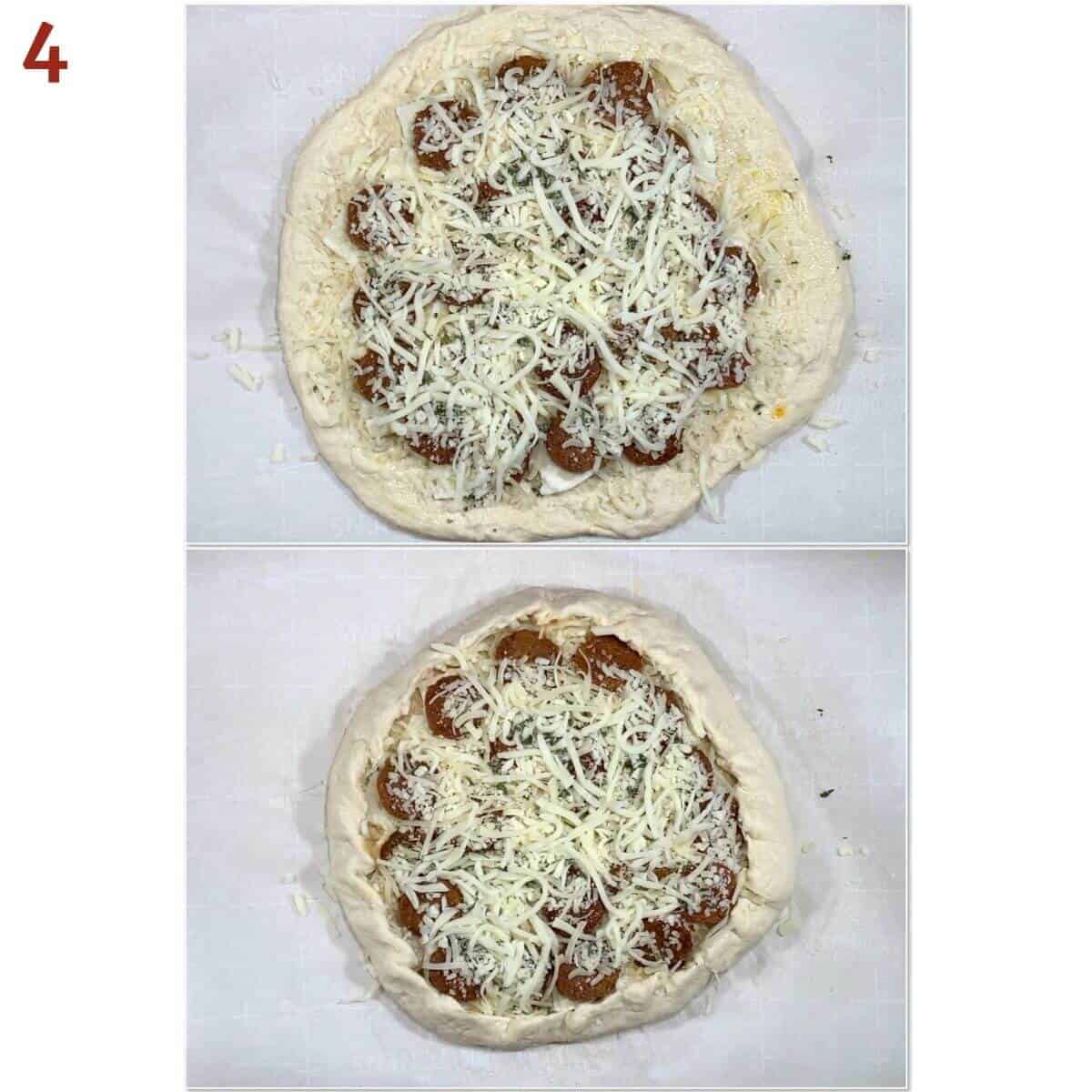Collage of adding toppings and crimping edge of a pizza.