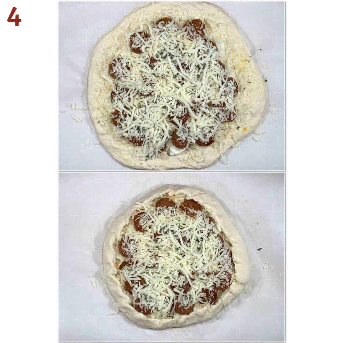 Collage of adding toppings and crimping edge of a pizza.