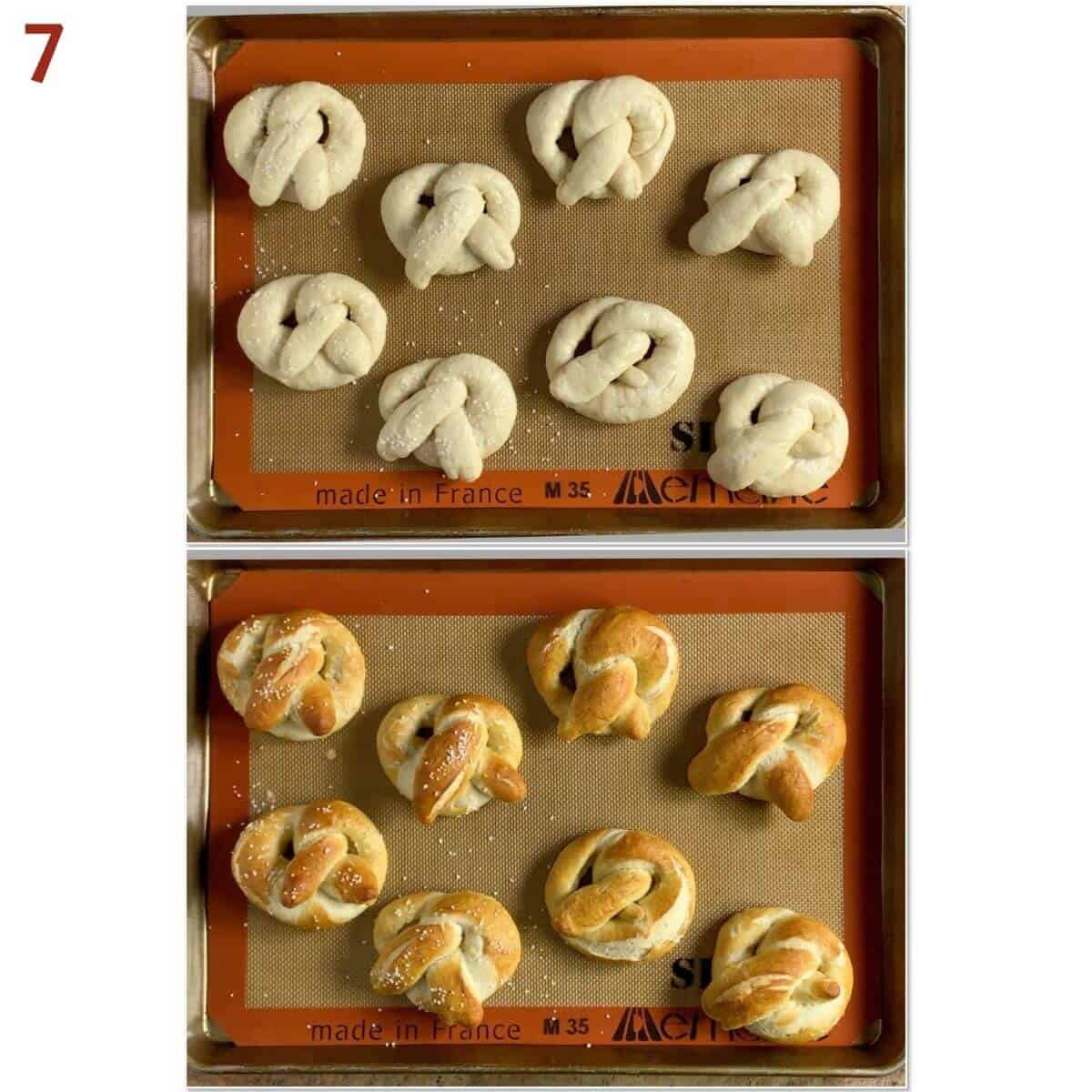 Collage of before & after baking pretzel dough.