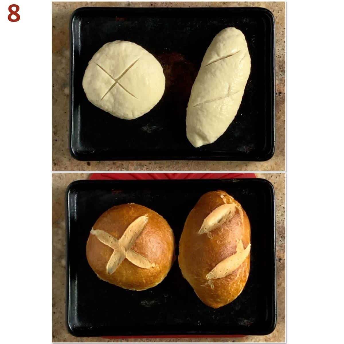 Collage of before & after boiling pretzel rolls.