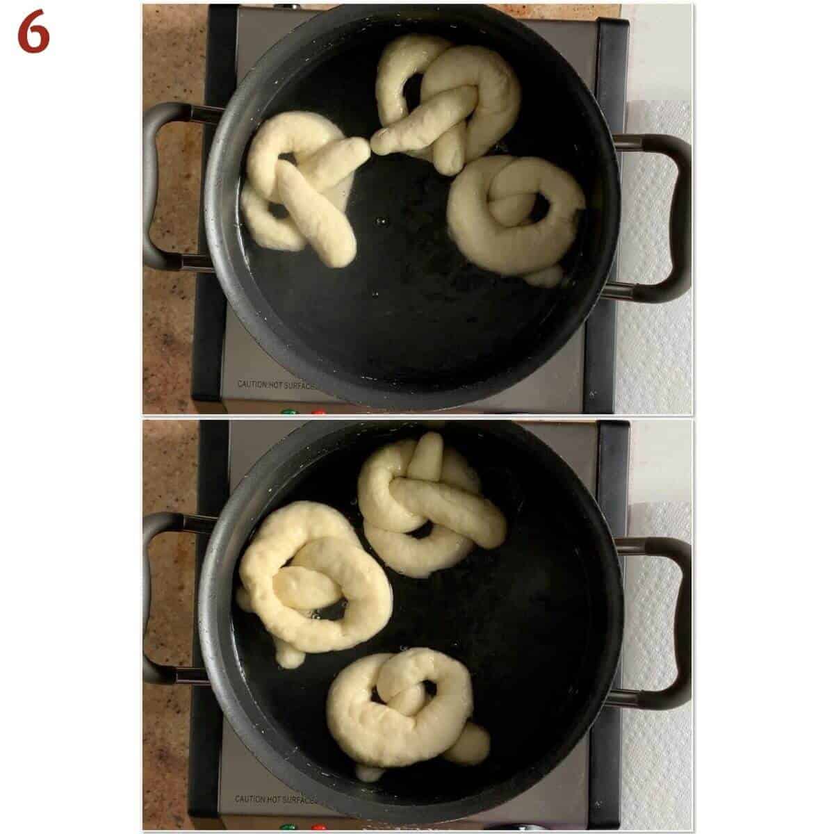 Collage of before & after boiling pretzel dough.