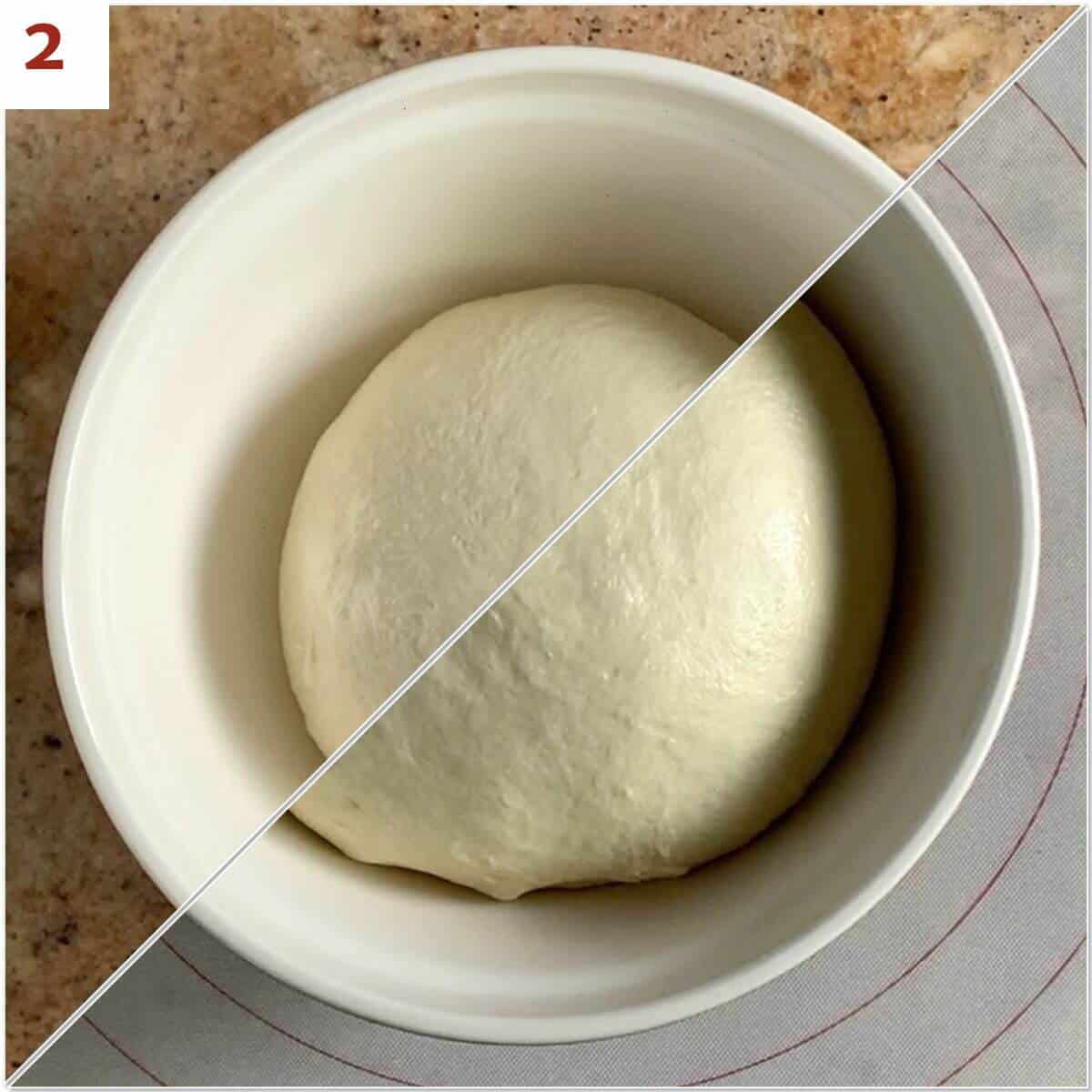 Collage of pretzel dough before & after rising.