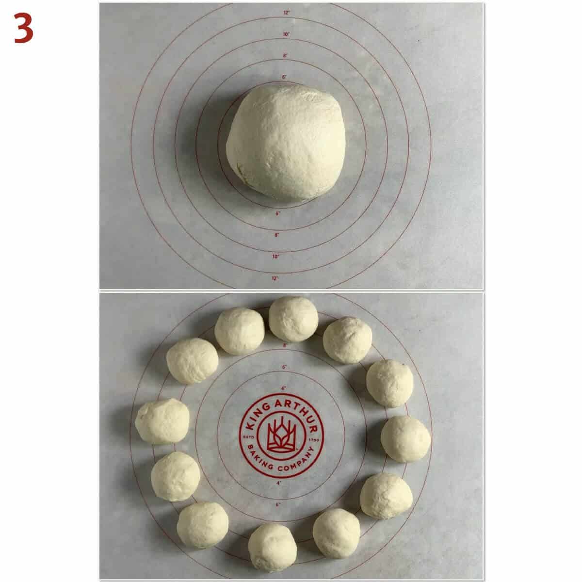 Collage of portioning pretzel dough into 12 balls.