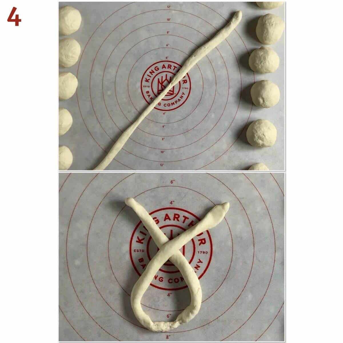 Collage of shaping pretzel dough into rope & crossed loop.