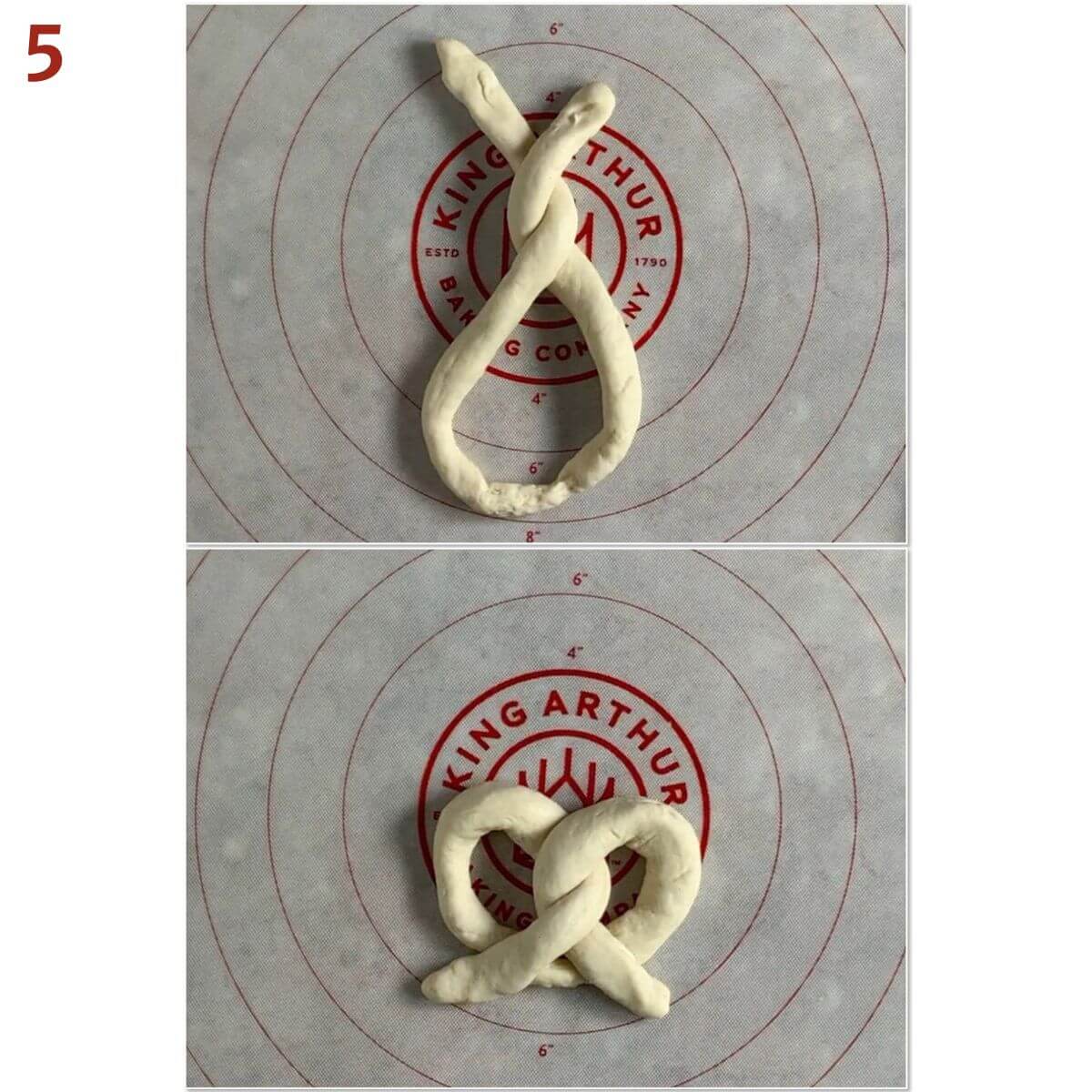 Collage of twisting ends of dough loop & shaping into a pretzel.
