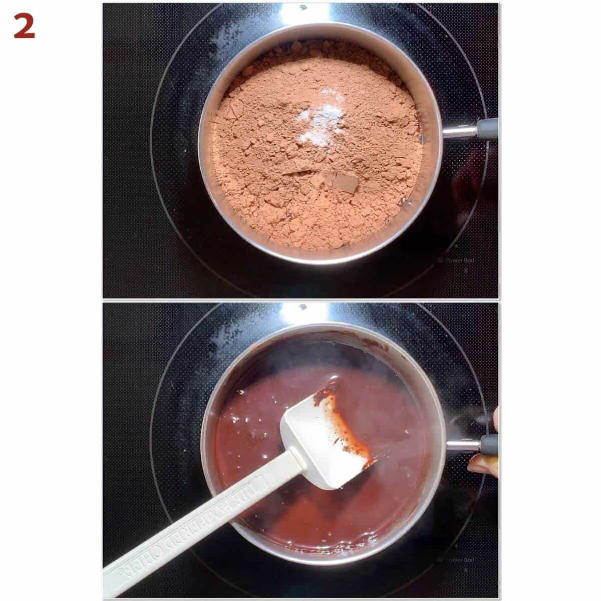 Collage of adding cocoa powder & salt to make chocolate syrup.