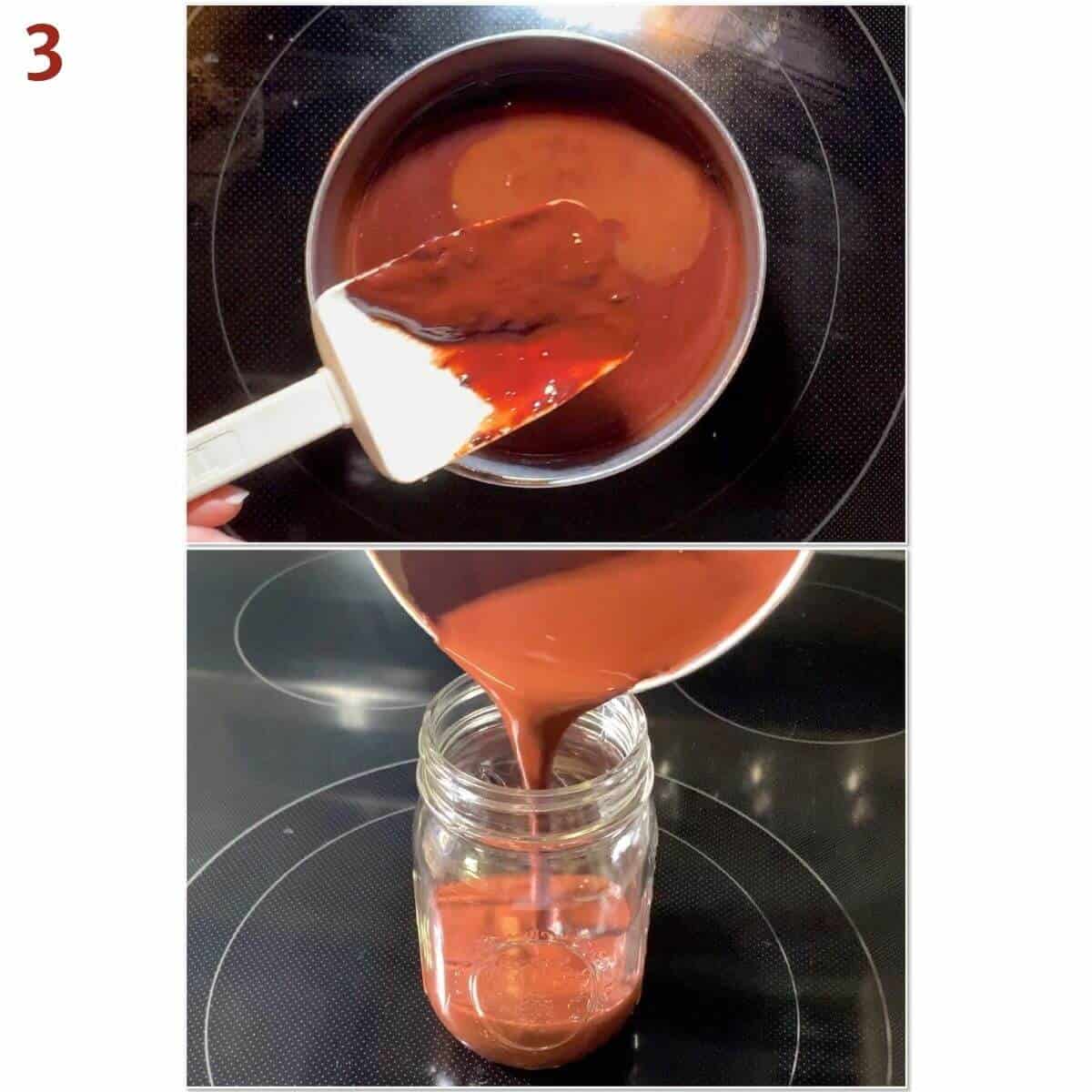 Collage of cooling and pouring chocolate syrup into a jar.