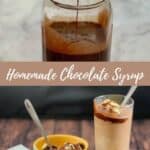 Collage of chocolate syrup dripping from spoon into a jar & ice cream sundae with a chocolate milkshake Pinterest. banner.