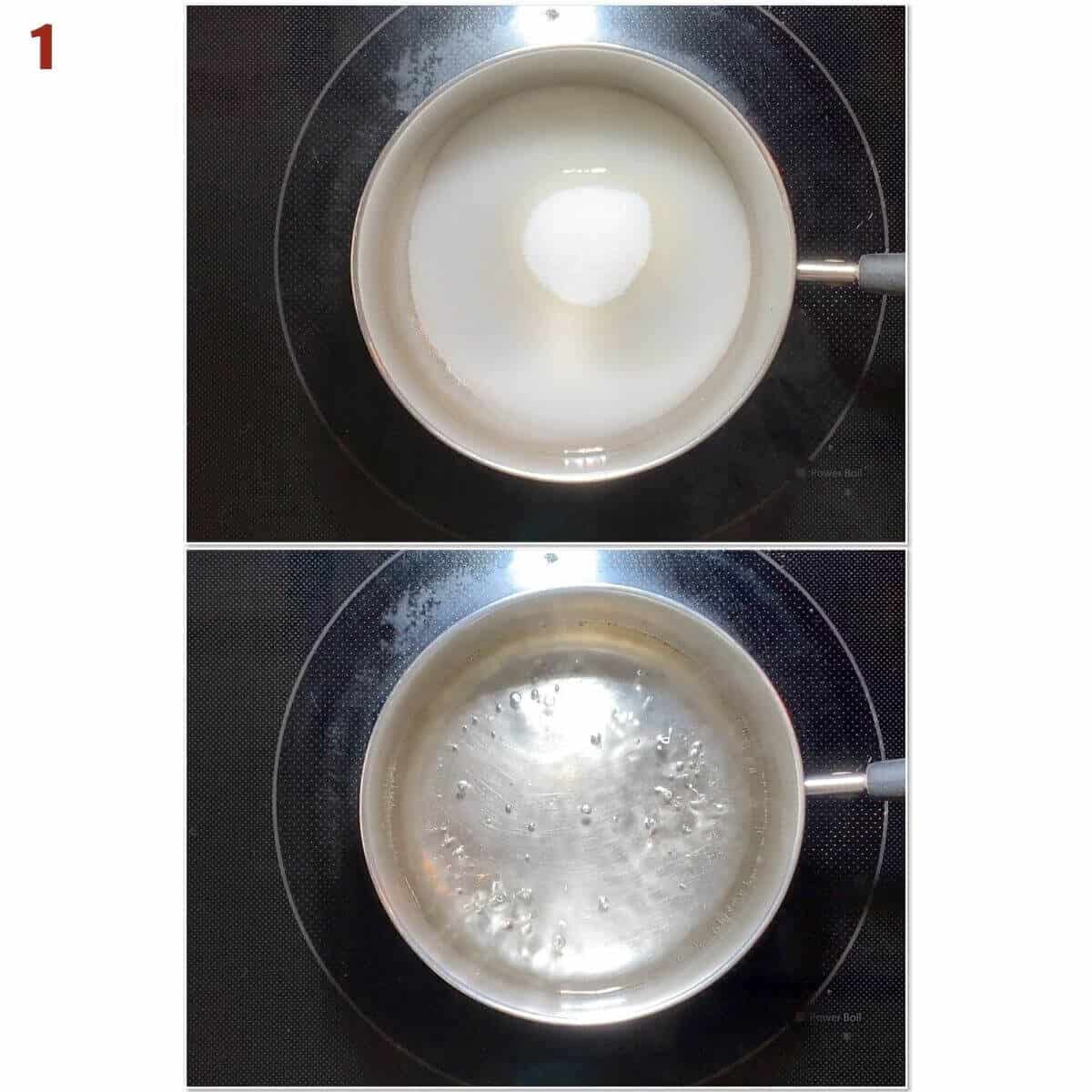 Collage of before & after dissolving sugar into water.