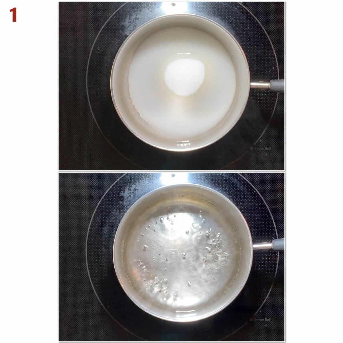 Collage of before & after dissolving sugar into water.