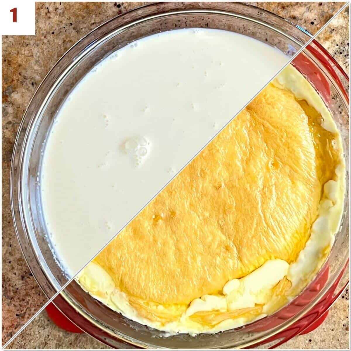 Collage of heavy cream before and after reducing from overhead.