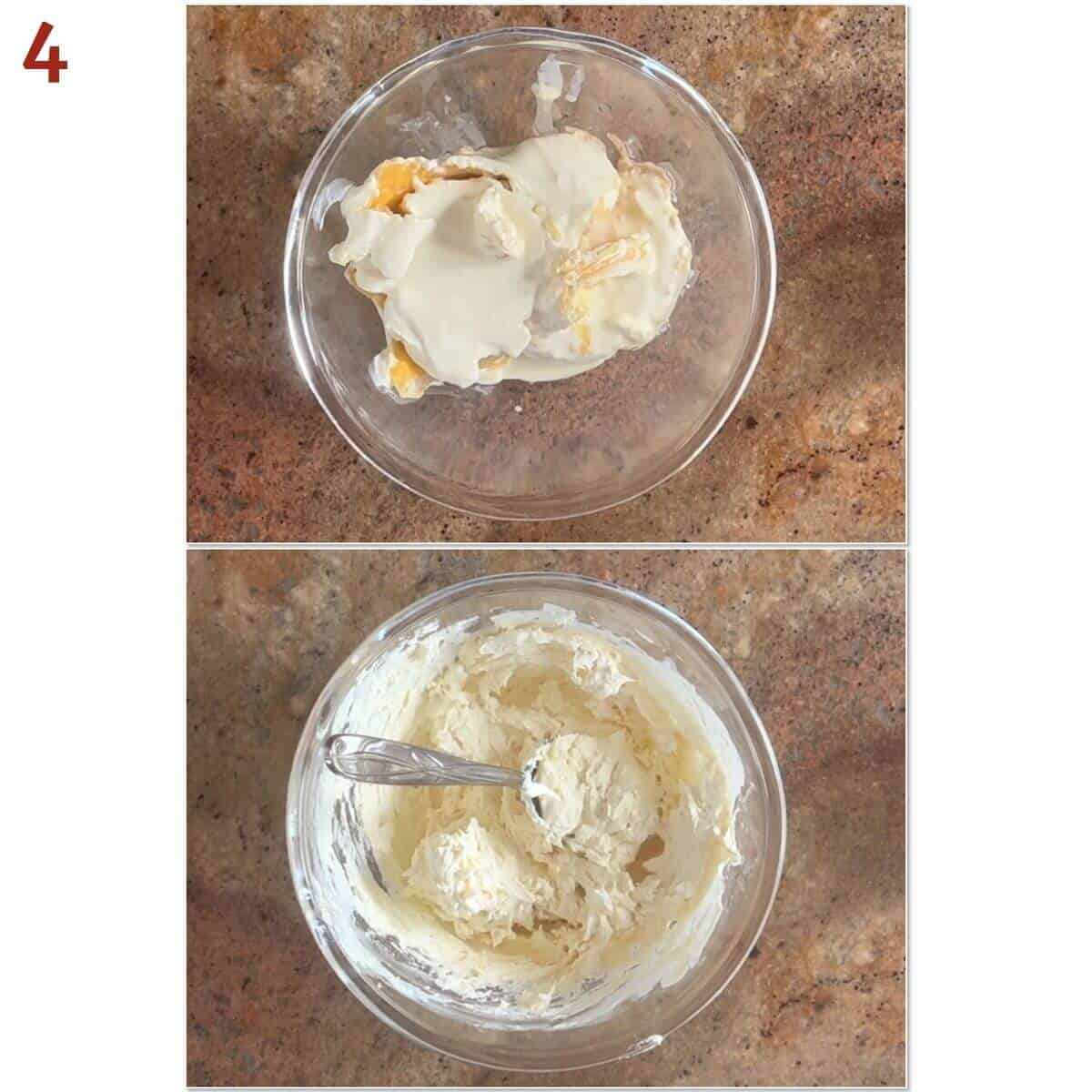 Collage of skimmed clotted cream and stirred smooth with a spoon.