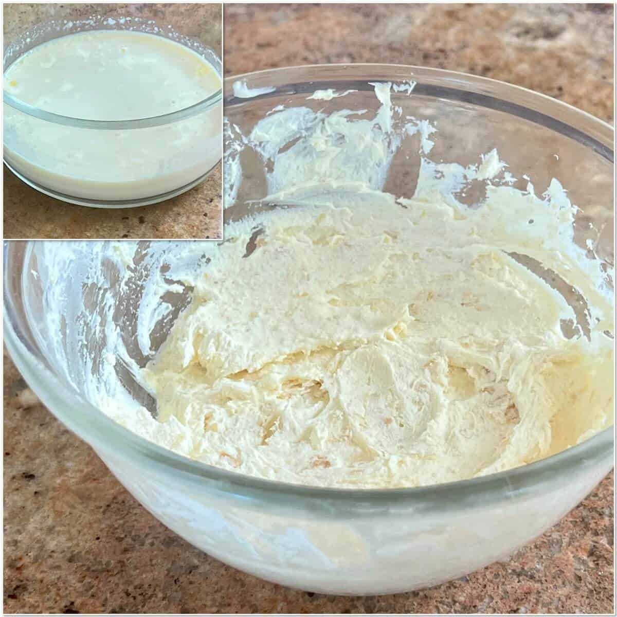 Collage of clotted cream and whey in glass bowls.