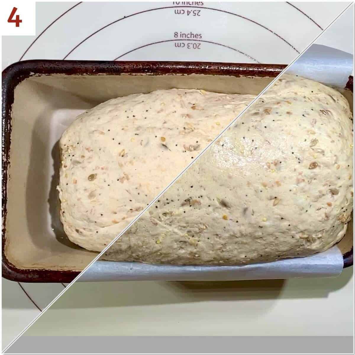 Collage of loaf-shaped bread dough before & after the second rise.