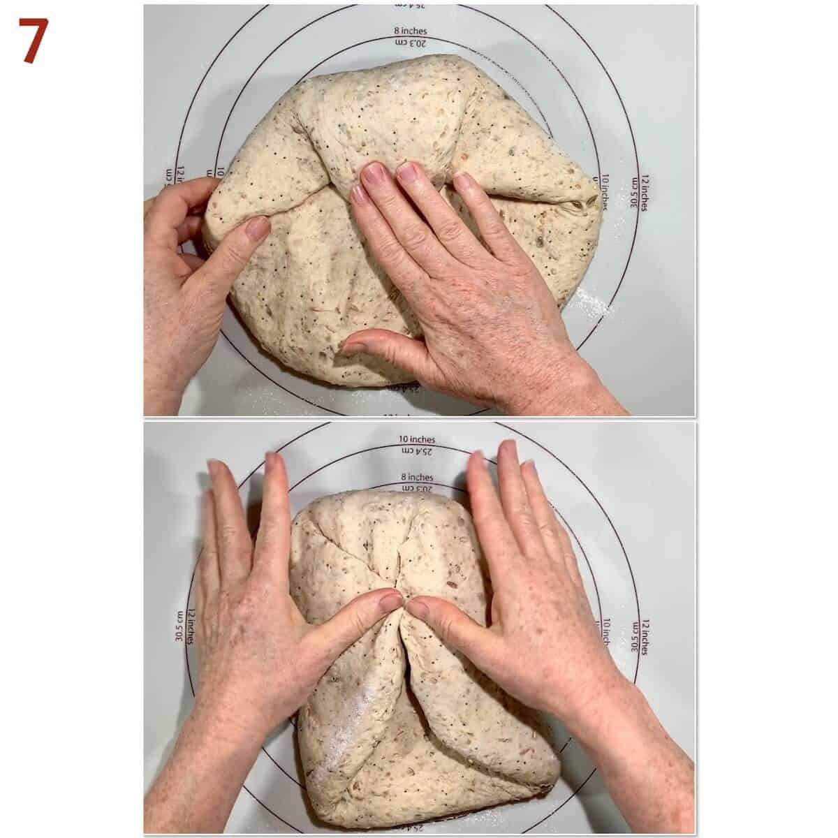 Collage of folding bread dough for shaping into a loaf.