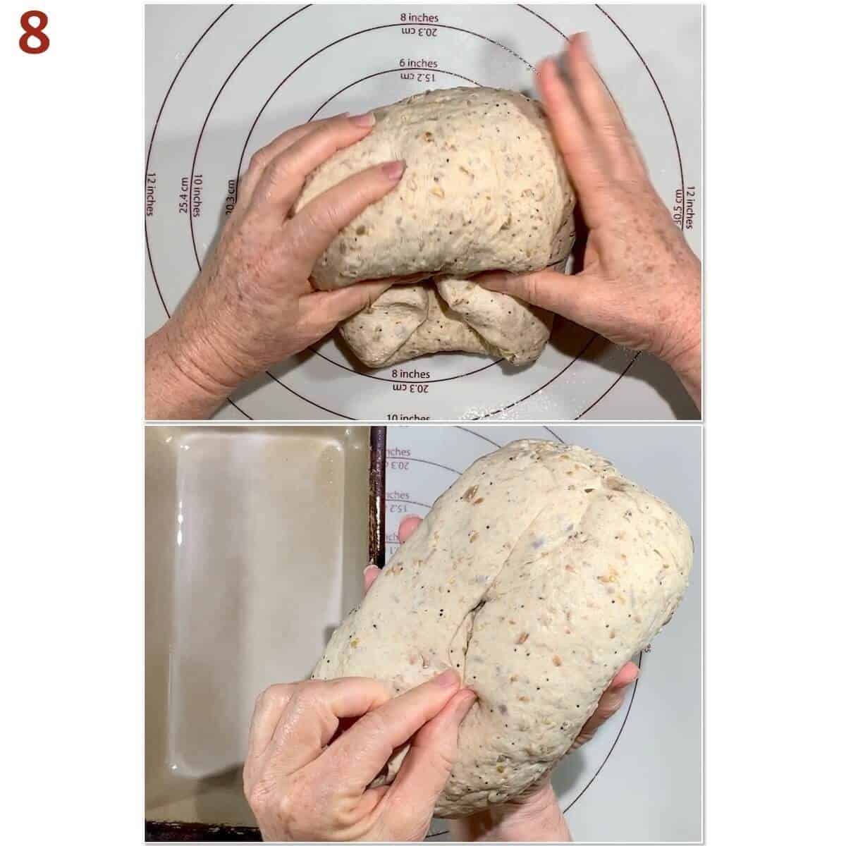 Collage of shaping bread dough into a loaf.