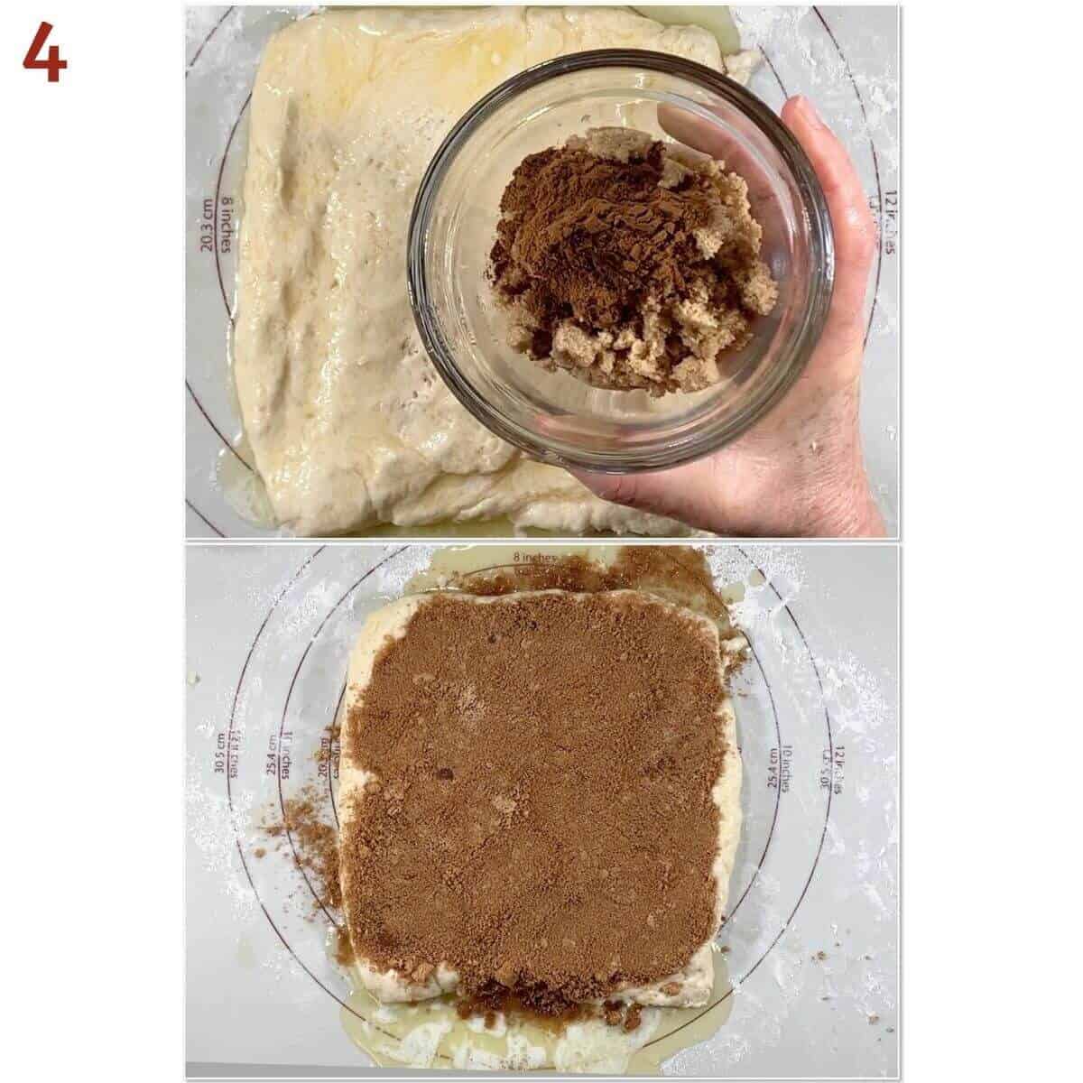 Collage of sprinkling cinnamon roll dough with cinnamon sugar.