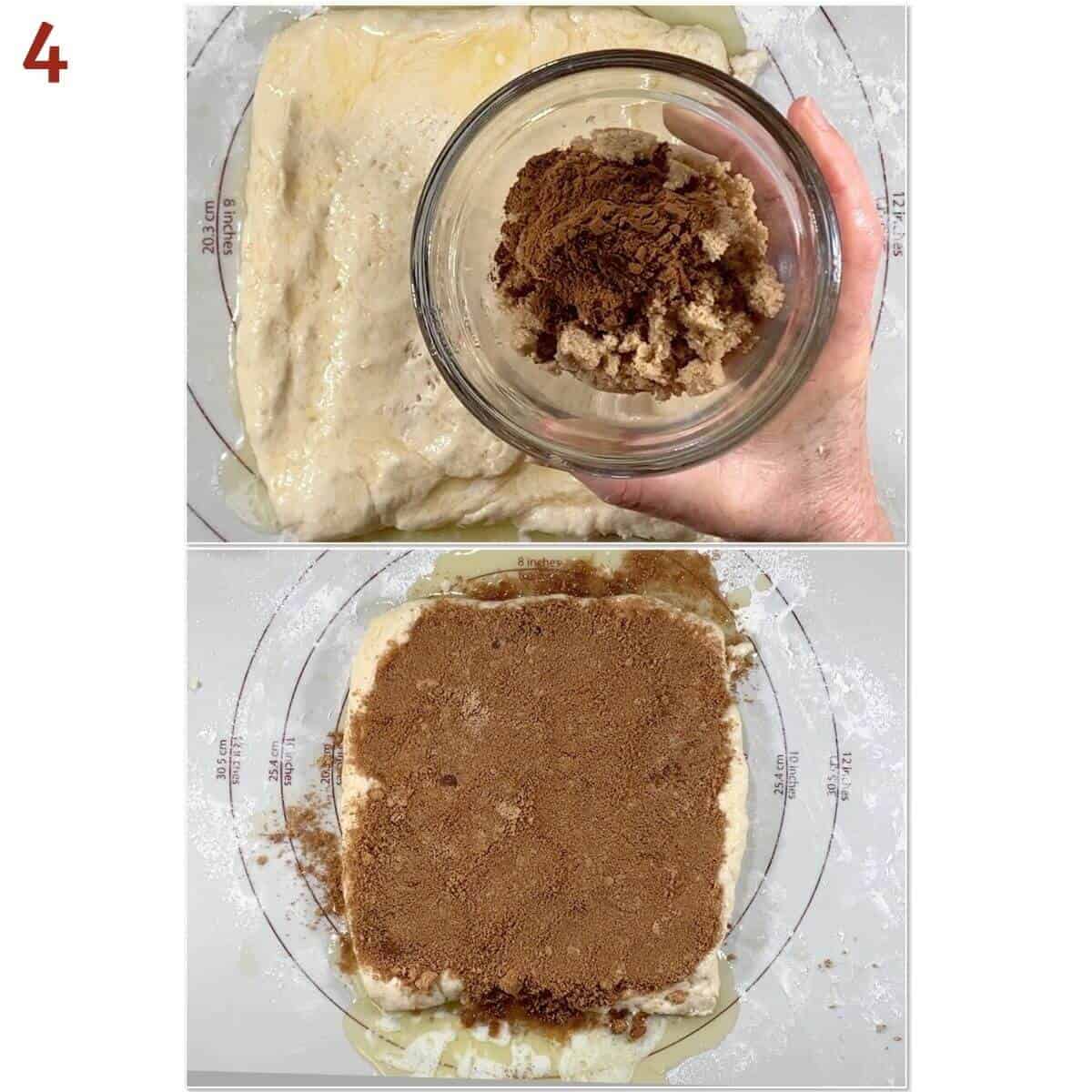 Collage of sprinkling cinnamon roll dough with cinnamon sugar.