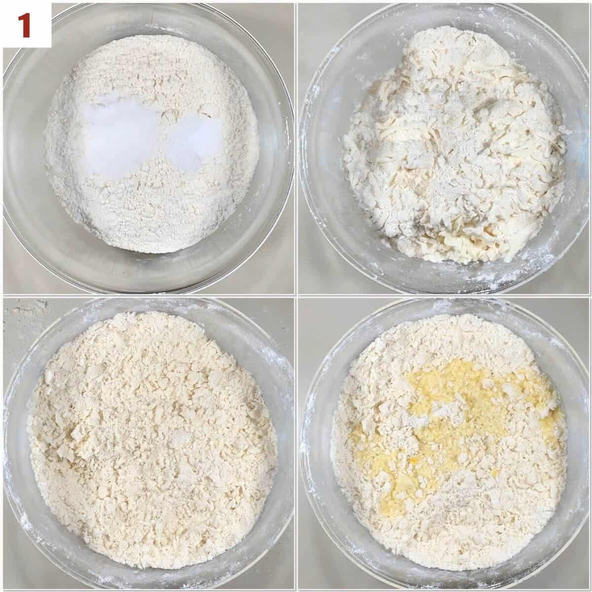 Collage of making shortcrust pastry dough.