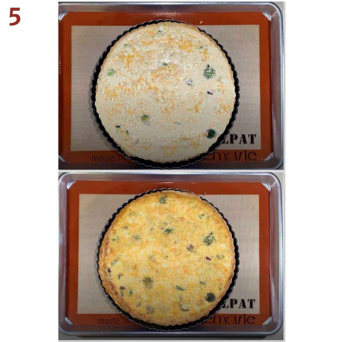Collage of quiche before & after baking.