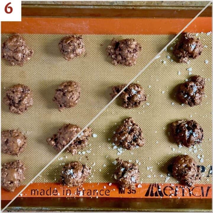 Collage of baked flourless chocolate cookies before & after topping with salt.