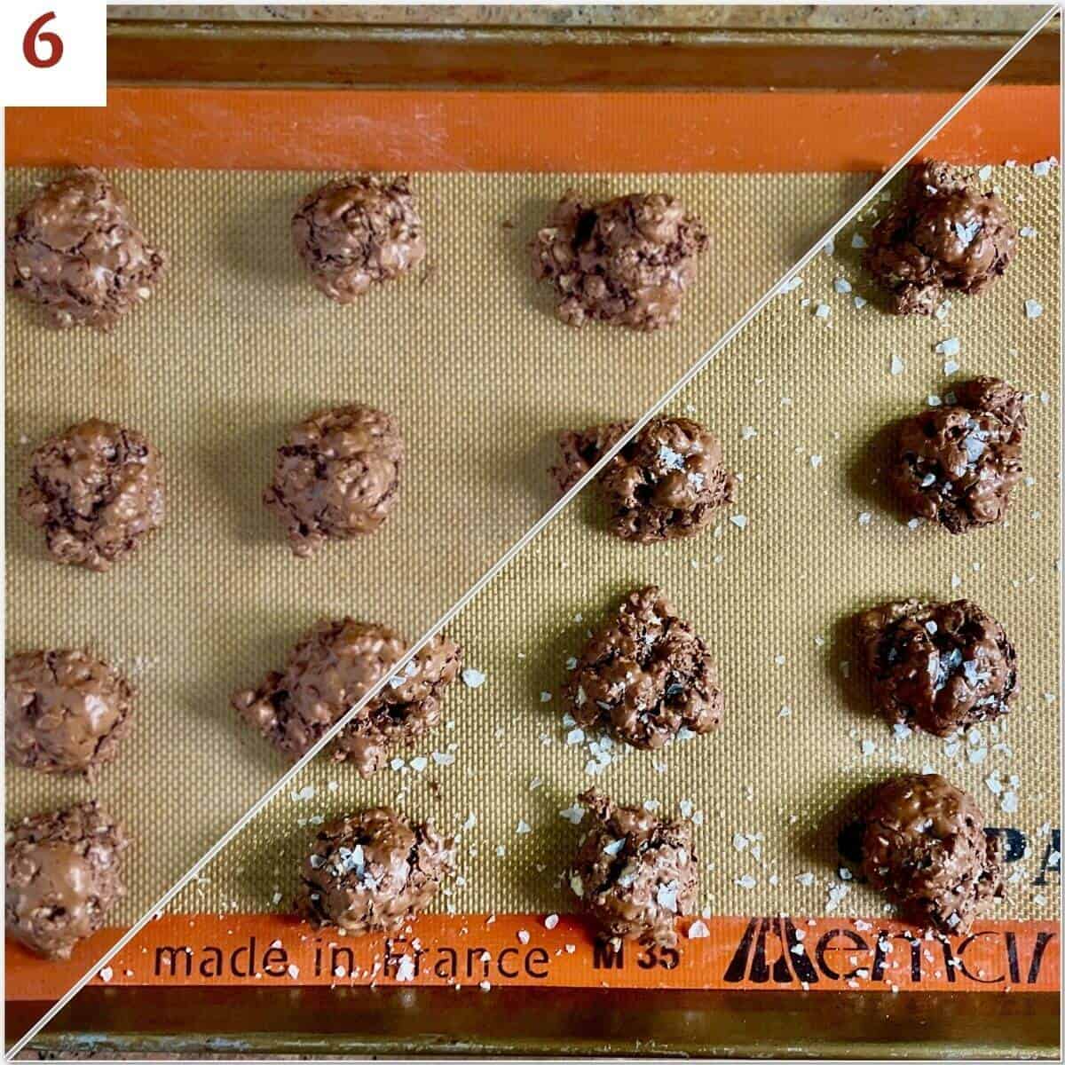 Collage of baked flourless chocolate cookies before & after topping with salt.