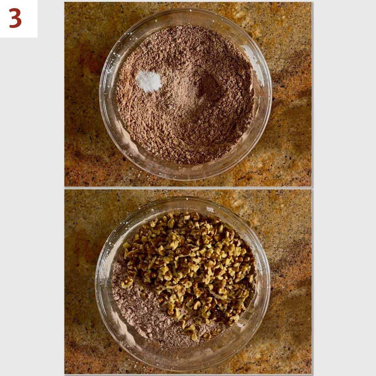 Collage of adding salt & walnuts to cocoa mixture in a glass bowl.