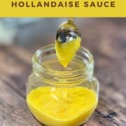 Hollandaise sauce dripping into a jar Pinterest banner.