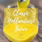 Hollandaise sauce dripping into a jar Pinterest banner.