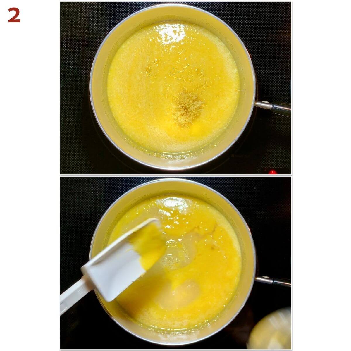 Collage of adding lemon juice and zest to egg yolk mixture.