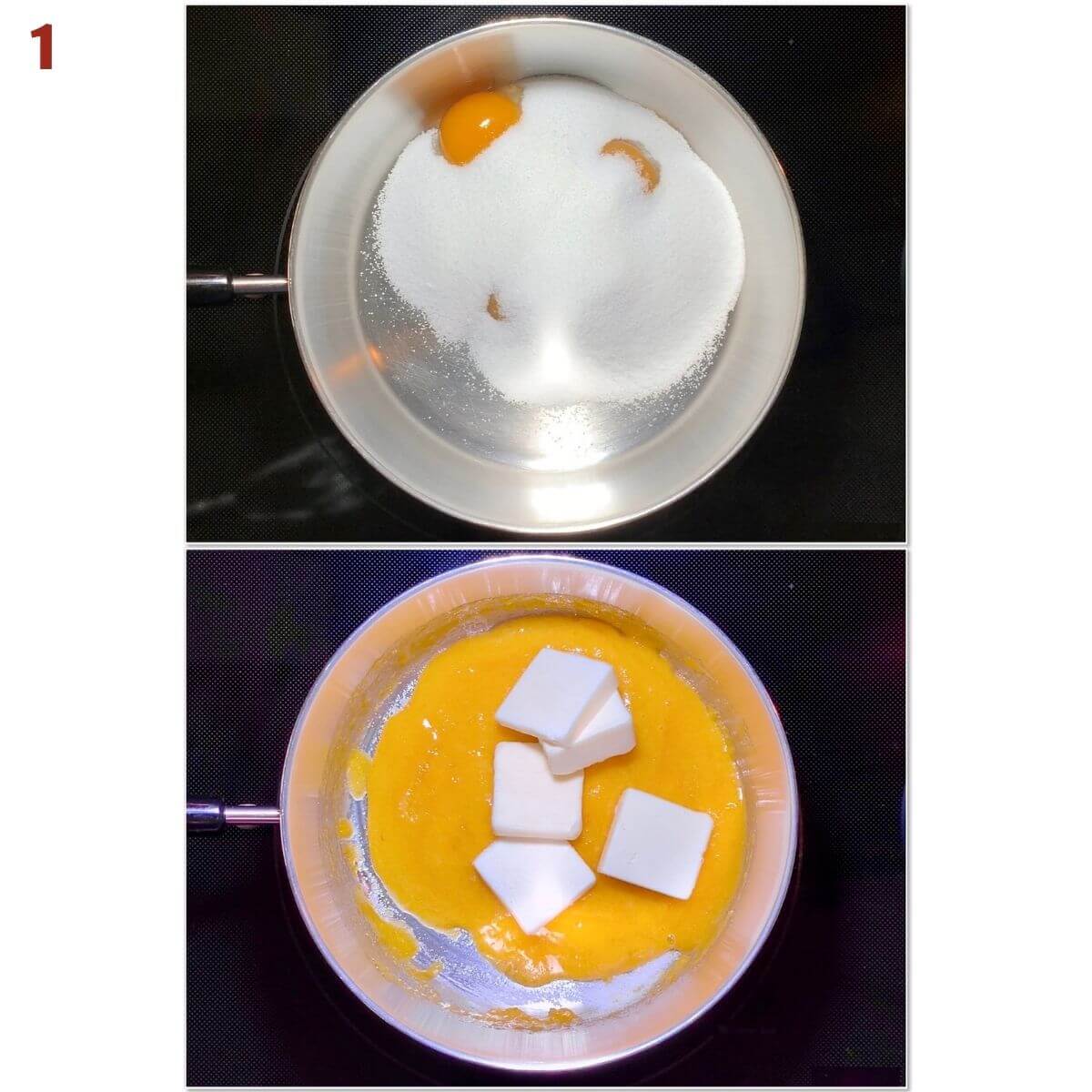 Collage of whisking egg yolks with sugar and adding butter.