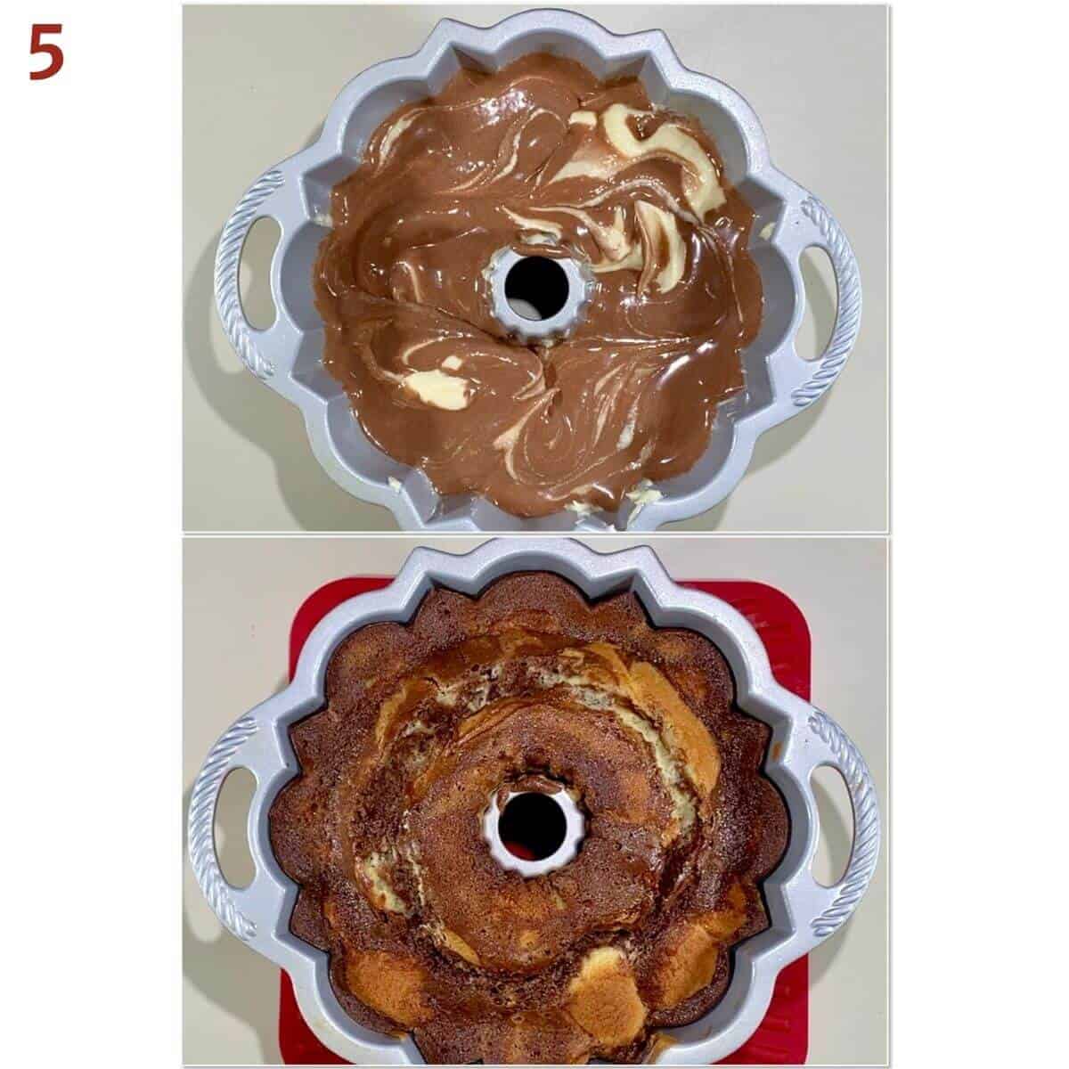 Collage of marble cake before & after baking.