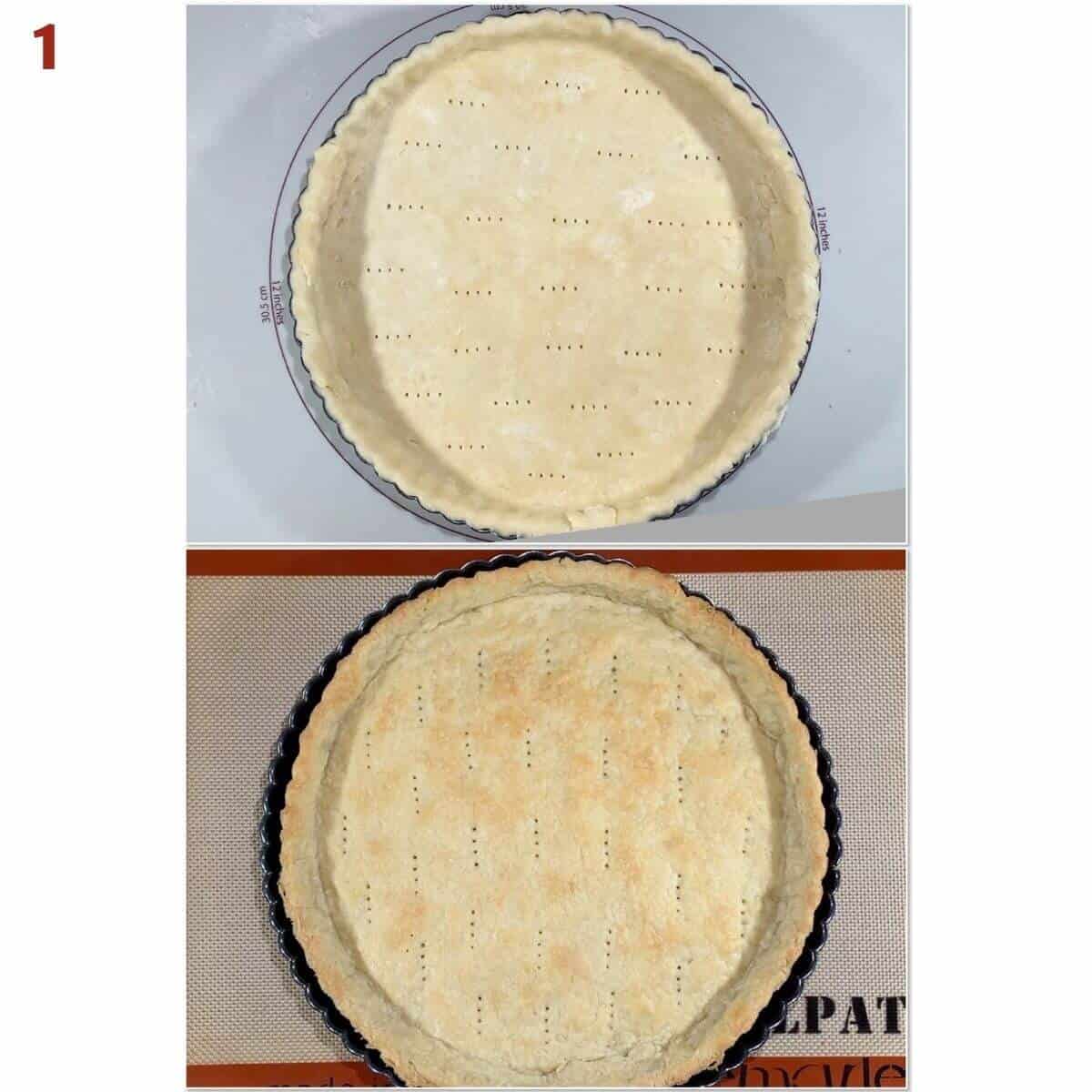 Collage of before & after blind baking shortcrust pastry.