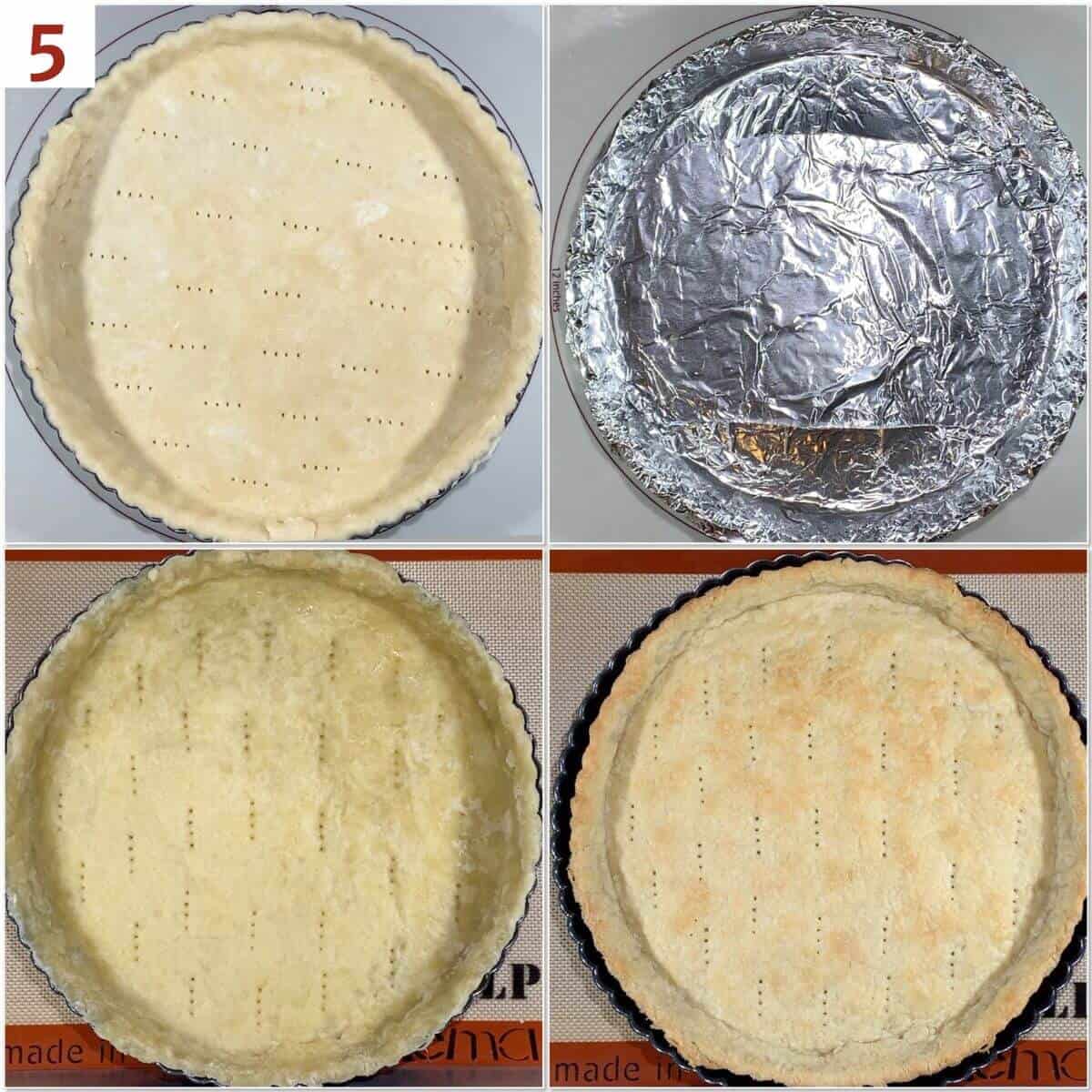 Collage of steps to blind bake shortcrust with foil.