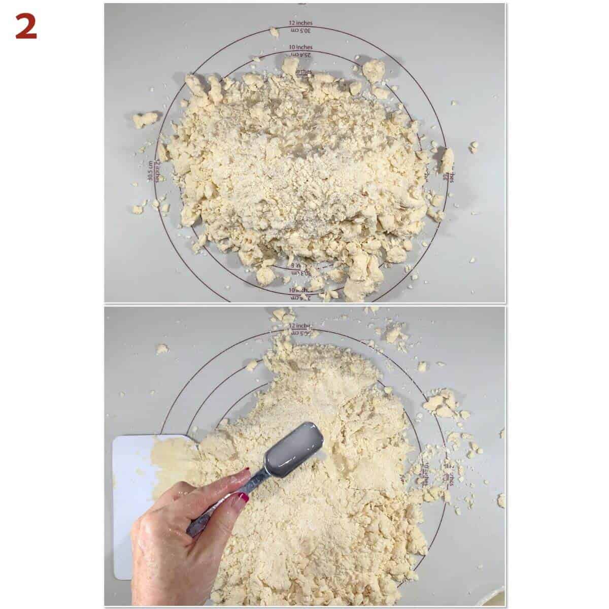 Collage of adding a tablespoon of water to shortcrust dough on a rolling mat.