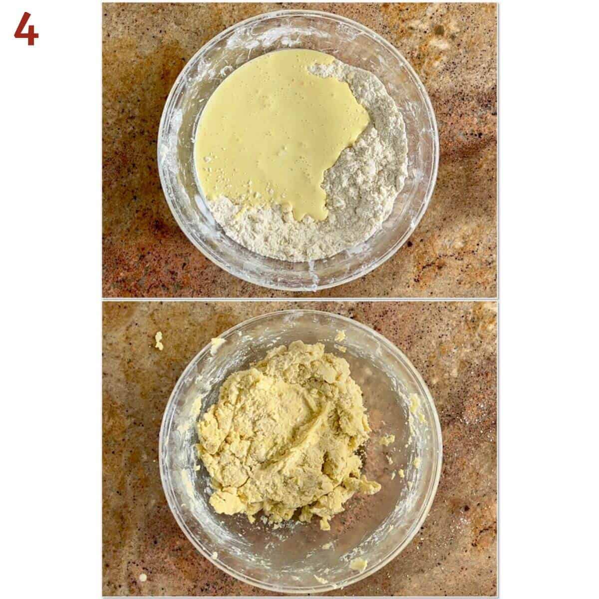 Collage of adding heavy cream mixture to flour mixture to make scone dough.