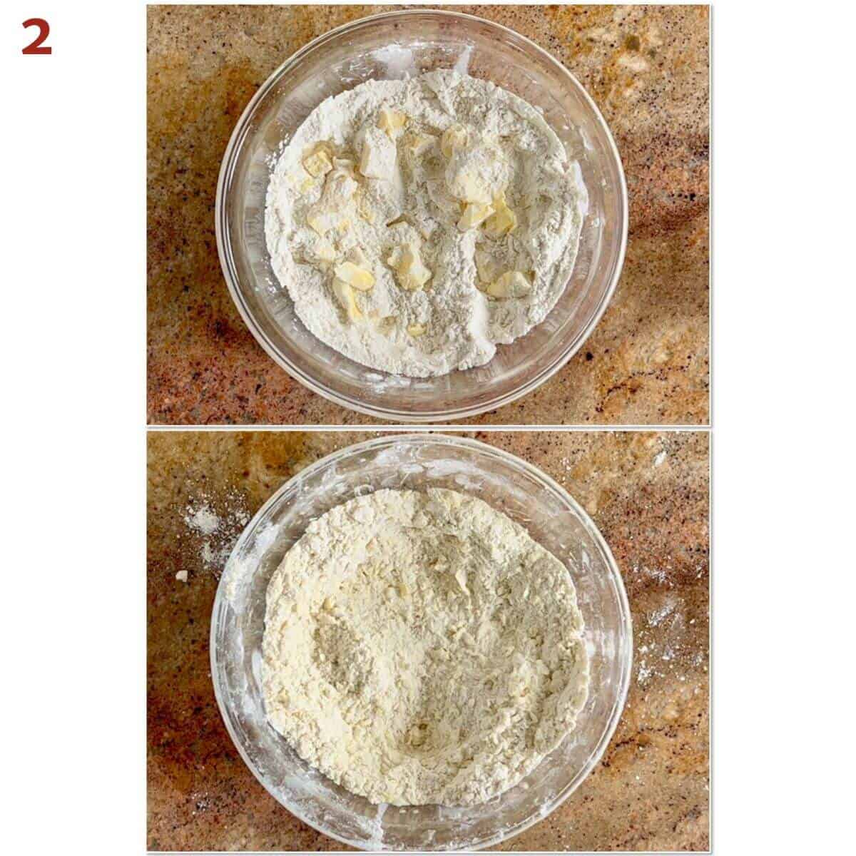 Collage of before and after cutting butter into flour mixture.